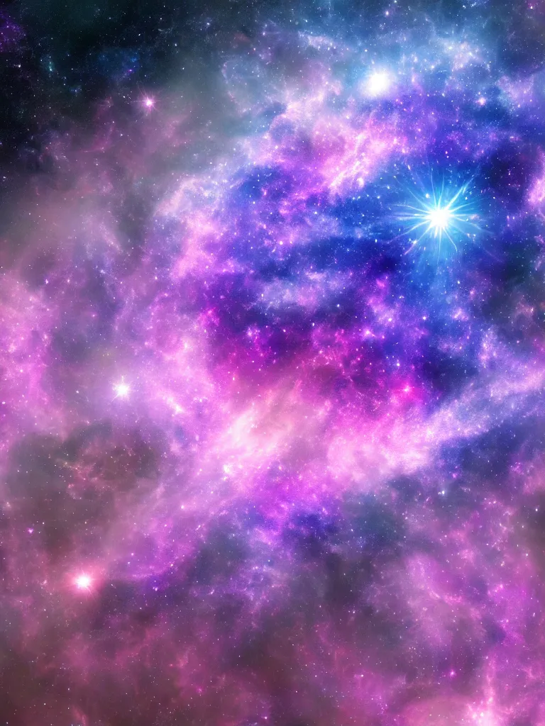 Image similar to celestial epic purple blue and pink colored deepspace image of a sparkling cosmic universe, celestial features, nasa photos, artstation