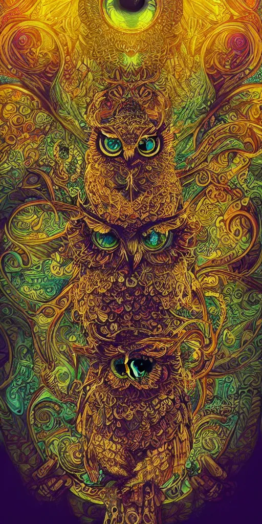 Prompt: intricate ornate of an owl with beautiful yellow eyes on a psychedelic journey in the style of android jones, sacred, ethereal, sacred geometry, hyper detailed, high detail, artstation, octane, unreal engine