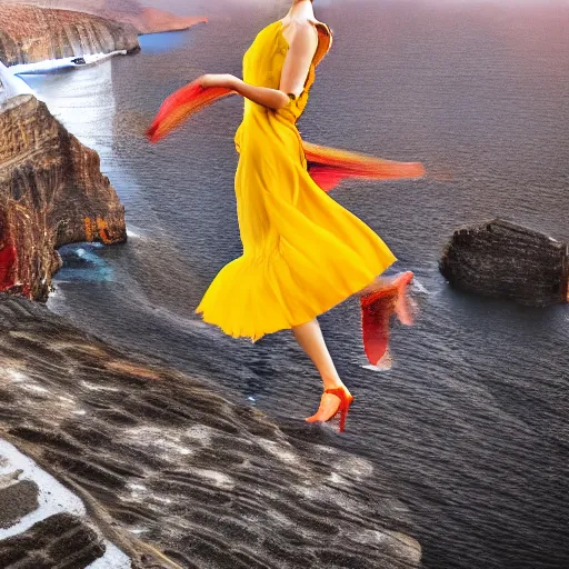 Image similar to beautiful modern dancer wearing a red, yellow, blue swirling dress, standing on a Santorini terrace looking down into the ocean, trending on artstation, cinematic, photorealistic