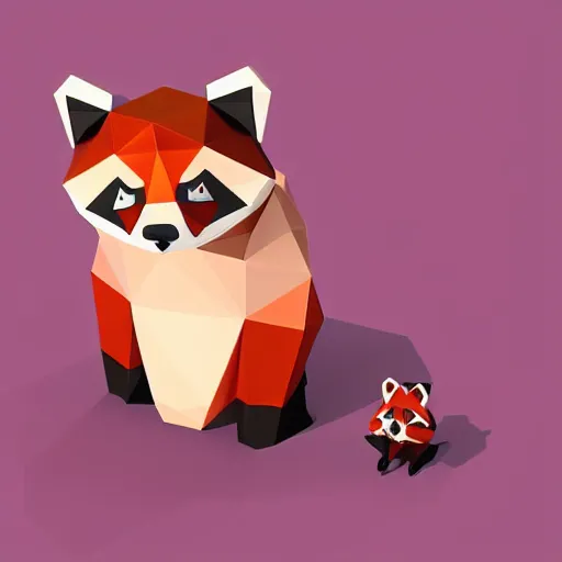 Image similar to isometric cute low - poly red panda playing with a low - poly raccoon