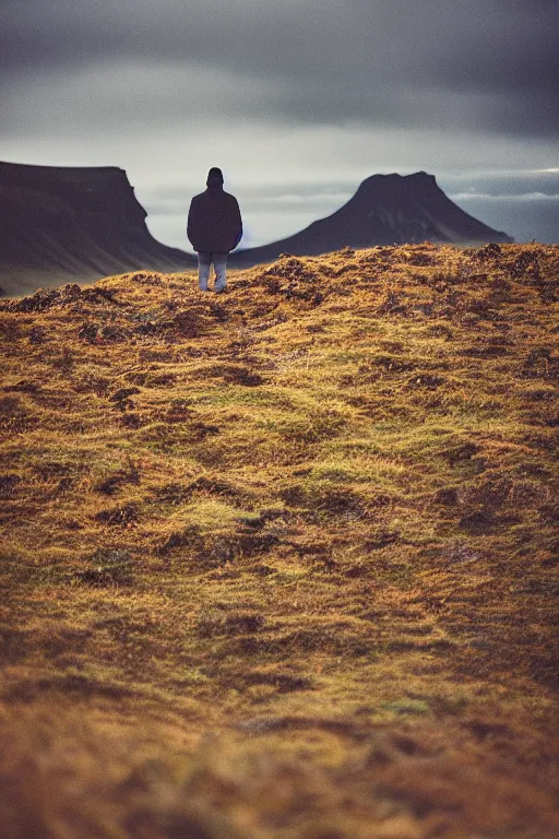 Image similar to kodak color plus 2 0 0 photograph of a skinny guy looking at beautiful iceland scenery, front view, vaporwave colors, grain, moody lighting, moody aesthetic,