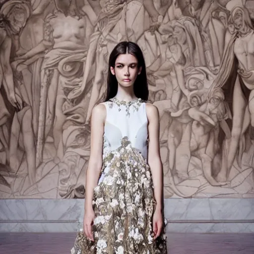 Image similar to Young lady full length shot wearing valentino resort simple sleeveless dress pale grey and white flowers in the style of baroque realism standing inside lourve, 8K, background renaissance paintings with gold