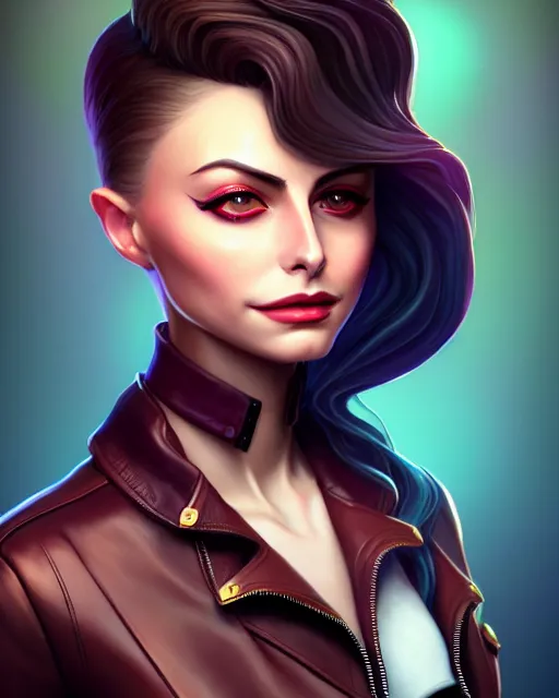 Image similar to a portrait of a beautiful willa holland pompadour long hair leather jacket, art by lois van baarle and loish and ross tran and rossdraws and sam yang and samdoesarts and artgerm, digital art, highly detailed, intricate, sharp focus, trending on artstation hq, deviantart, unreal engine 5, 4 k uhd image