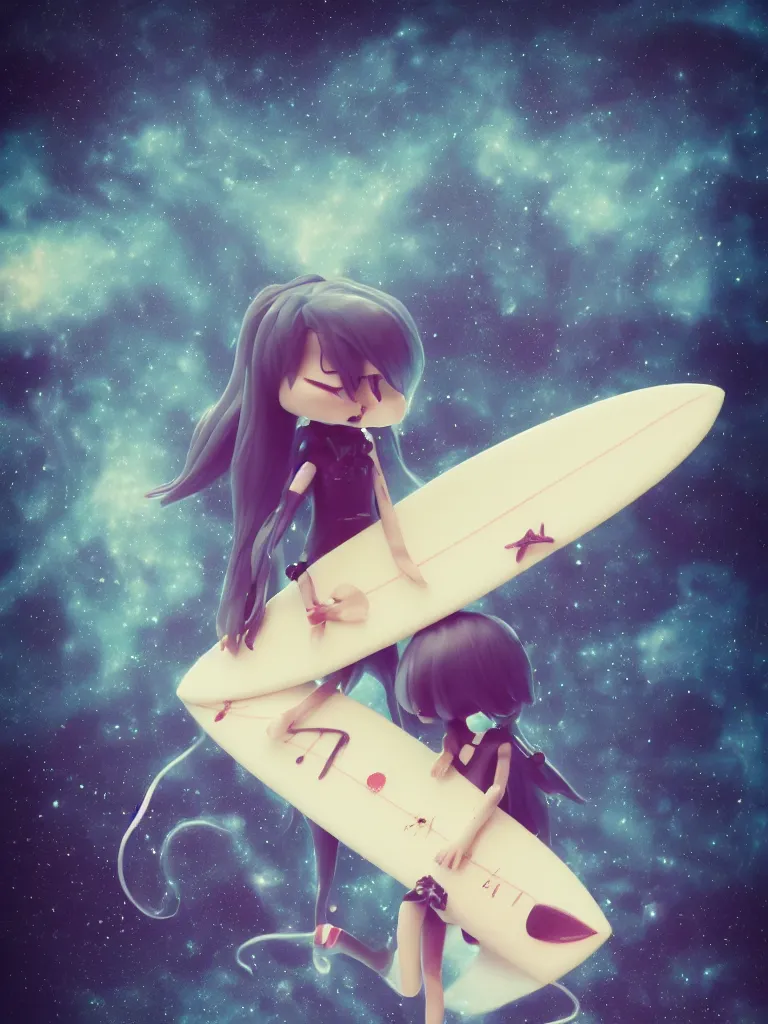 Image similar to cute fumo plush gothic maiden alien girl riding on a surfboard in the waves of the dark galactic abyss, splash, refractive optics, vignette, vray