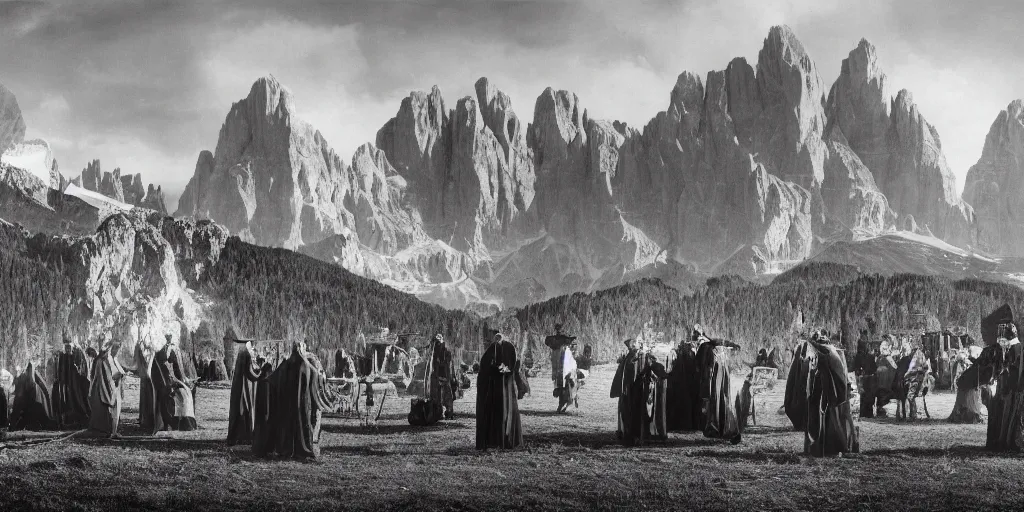 Image similar to 1920s photography of an occult ceremony and priests with hay coats and horns meeting with dolomites in the background, occult signs, wicca, alp, dolomites, alpine, detailed intricate insanely detailed octane render, 8k artistic 1920s photography, photorealistic, black and white, chiaroscuro, hd, by David Cronenberg, Raphael, Caravaggio