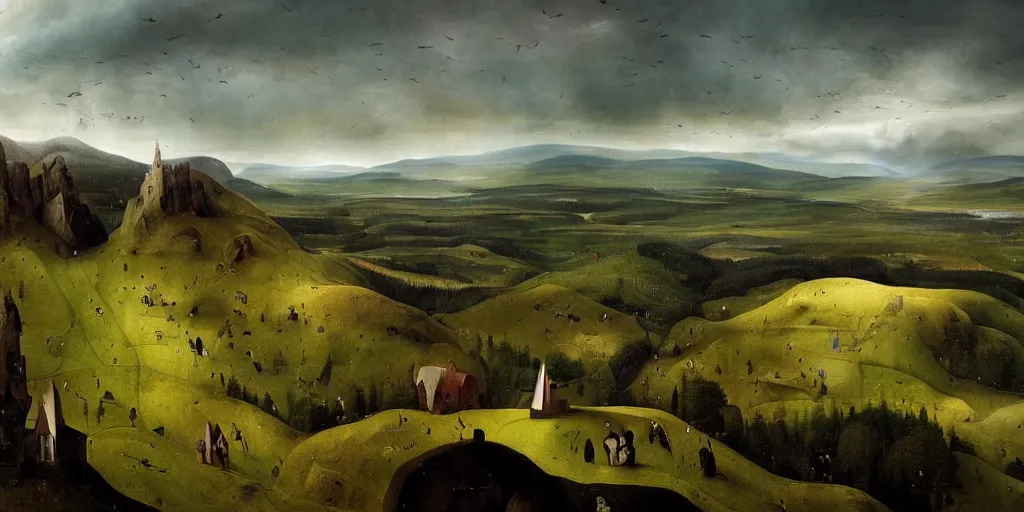 Prompt: very very Beautiful landscape of Aberdeenshire and Bennachie hill in the centre of the painting, physically accurate, dramatic dynamic lighting, intricate, elegant, highly detailed, digital painting, artstation, very hyperrealistic, Hieronymus Bosch, very very Tomas Sanchez, Renaissance, concept art, smooth, sharp focus, illustration, art by artgerm and greg rutkowski and alphonse mucha