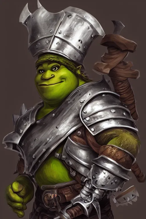 Image similar to A realistic anime portrait of Shrek, warrior, D&D, dual Axe wielding, full body plated armor, dungeons and dragons, tabletop role playing game, rpg, jrpg, digital painting, by Stanley Artgerm Lau, Frank frazzeta, WLOP and Rossdraws, digtial painting, trending on ArtStation, SFW version