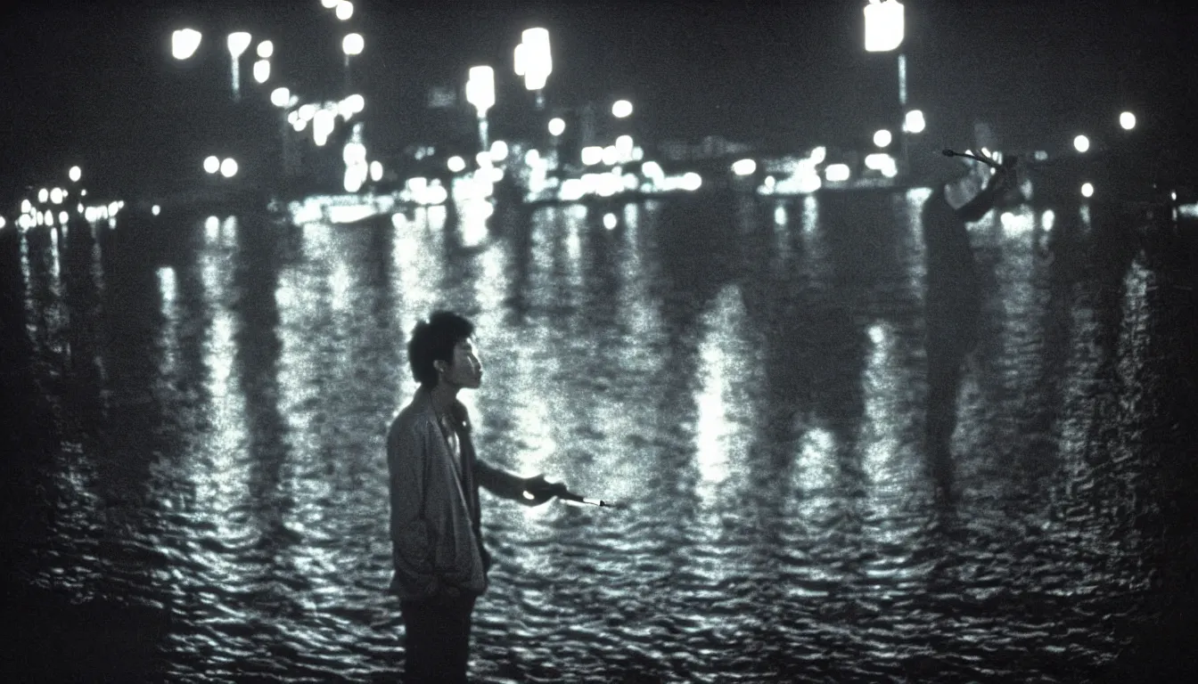 Image similar to 80s asian neon movie still with a man smoking cigarette by the river at night with city lights behind his back. Fallen angels movie still. hyperrealistic, high definition, medium format photography, highly detailed, tehnicolor