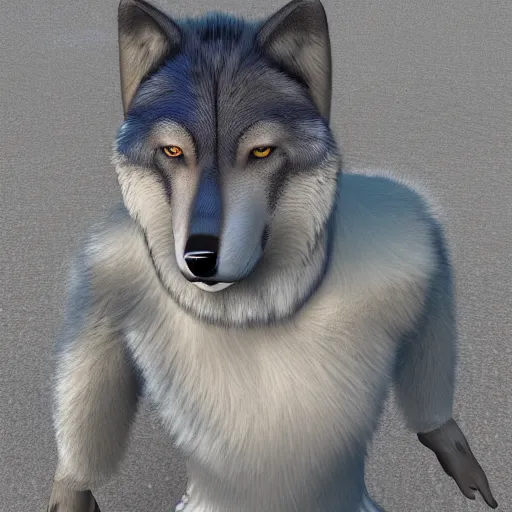 Image similar to 3 d render, well toned, large and tall, female, anthropomorphic wolf with a short snout, blue scales and fur with white spots and wings on her back, icey blue dress, furr covering her chest.