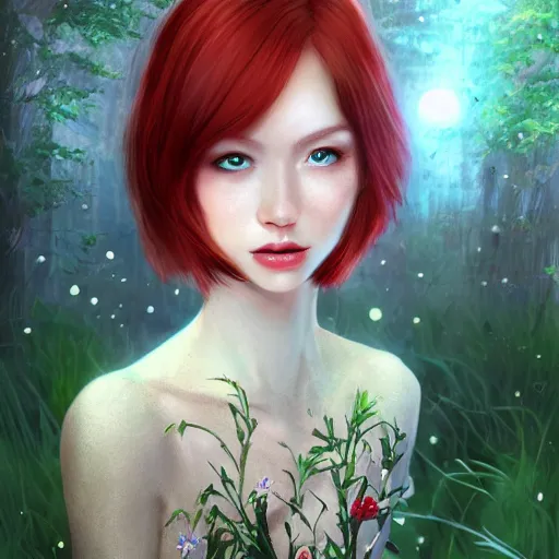 Image similar to red haired girl, among fireflies, pale gentle face, green eyes, highly detailed intricate romantic outfit, sharp, 8 k ultra realistic illustration, digital art by sakimichan, trending on artstation