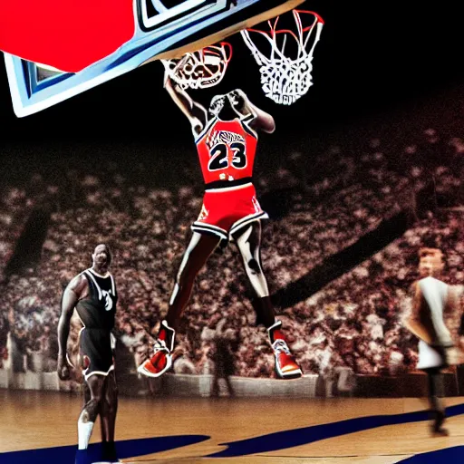 Image similar to “hyperrealistic mixed media high resolution image of michael jordan as superman, dunking a basketball, stunning 3d render inspired art by István Sándorfi and Greg Rutkowski and Unreal Engine, perfect symmetry, dim volumetric lighting, 8k octane beautifully detailed render, post-processing, extremely hyper-detailed, intricate, epic composition, highly detailed attributes, highly detailed atmosphere, cinematic lighting, masterpiece, trending on artstation, very very detailed, masterpiece, stunning, flawless structure, lifelike texture, perfection,”