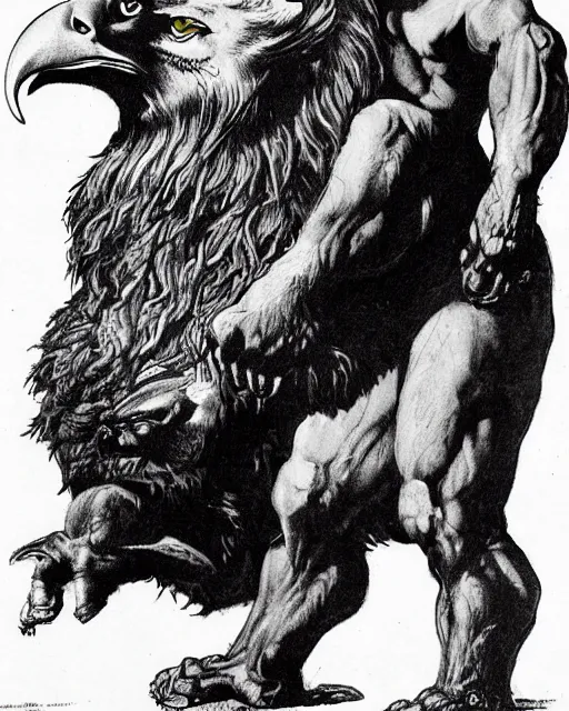 Image similar to a creature with the body and eyes of a man, beak of an eagle instead of a nose, the mane of a lion, two horns of an ox on the head. drawn by frank frazetta