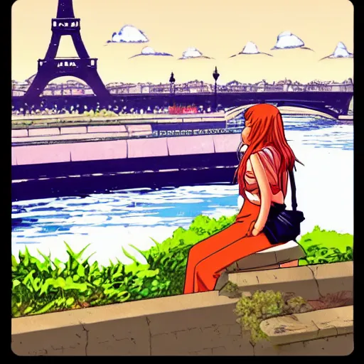 Image similar to woman sitting by the river in paris, pixels, sprite, graphic novel, visual novel cg, 8 0 s anime vibe, kimagure orange road, maison ikkoku, trending on artstation, 2 d hd, 3 2 x 3 2