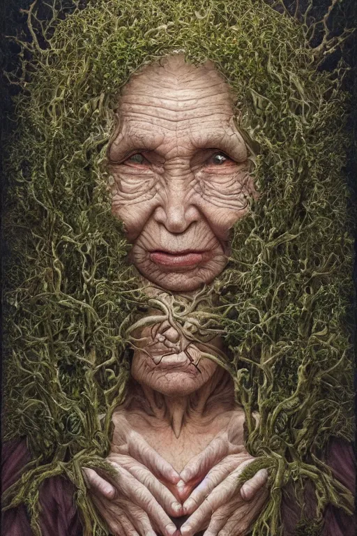 Image similar to intricate stunning highly detailed portrait of baba vanga, 🌱, by agostino arrivabene and vladimir kush, surreal, digital painting, ultra realistic, dramatic lighting, twisted vines, lush plants, pristine water, artstation