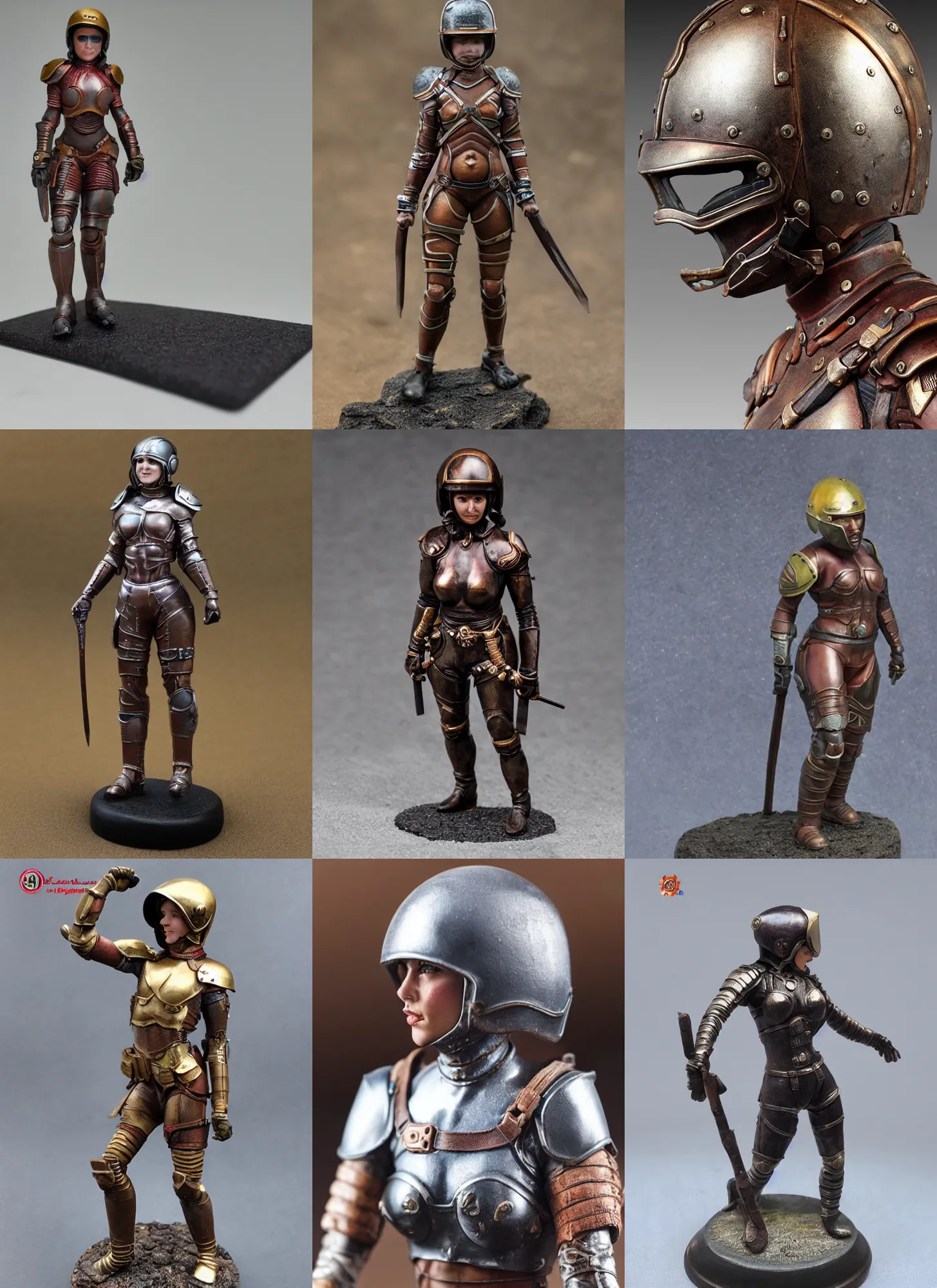 Prompt: 80mm resin detailed miniature of a helmeted muscular woman in full-face iron helmet, full body, head, stomach, navel, boots, Logo, textured base; Product Introduction Photos, 4K, view from front