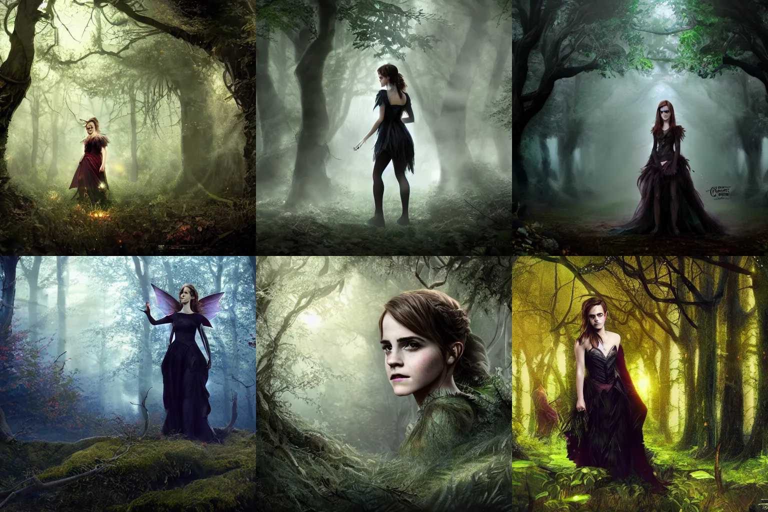 Prompt: Emma Watson cosplaying a dark fairy inside a forest full of trees, godrays shining through leaves, trending on artstation, matte painting, 4k