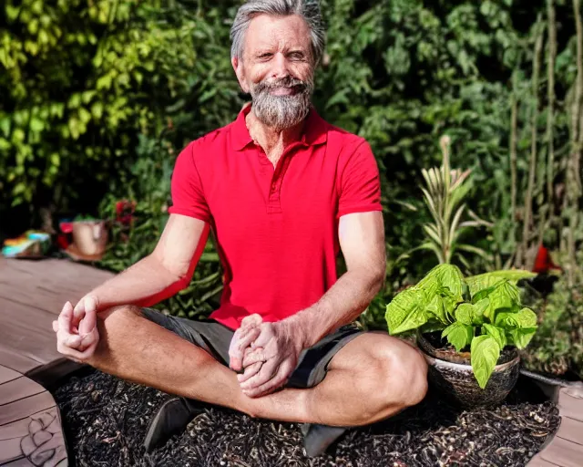 Image similar to mr robert is drinking fresh tea, smoke pot and meditate in a garden from spiral mug, detailed smiled face, muscular hands, golden hour closeup photo, red elegant shirt, eyes wide open, ymmm and that smell