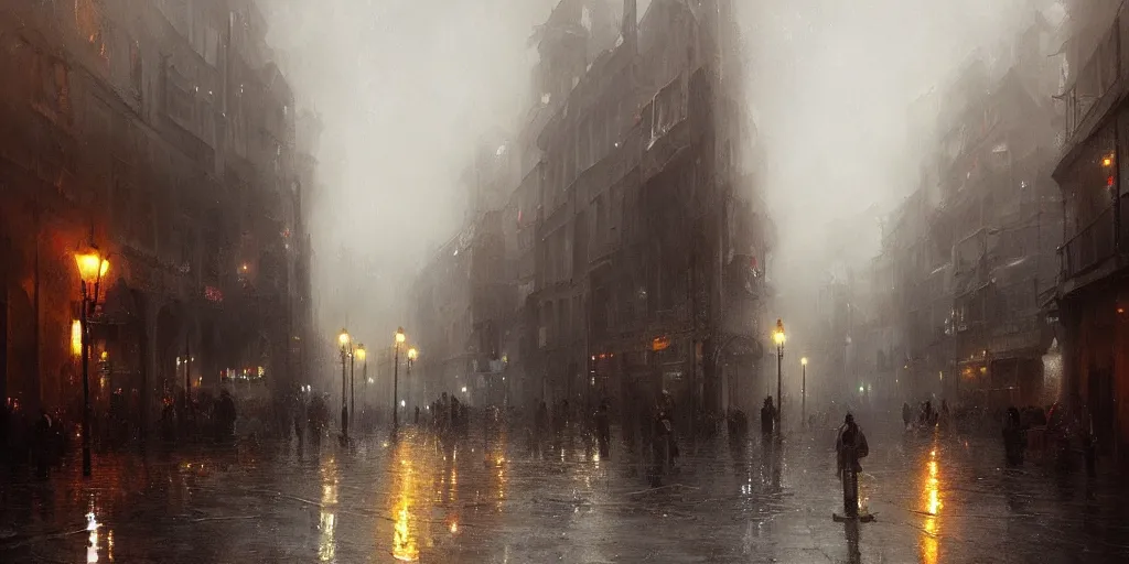 Image similar to an oil painting of a downpour in the middle of the street of a medieval city, moody lighting, fog, dark fantasy, by greg rutkowski, trending on artstation