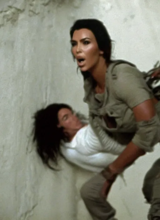 Image similar to film still of kim kardashian being held against a wall by a predator in the movie Alien.