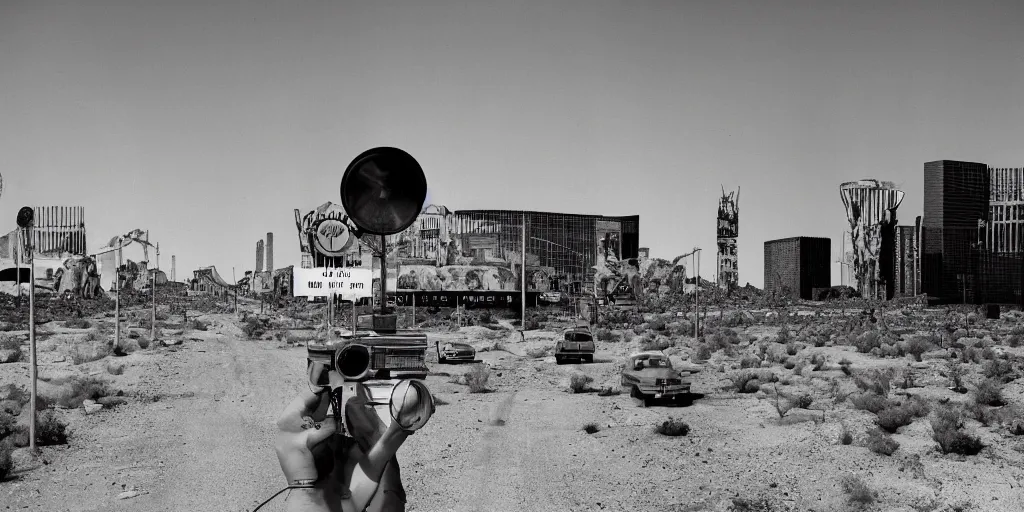 Image similar to portrait of irradiated post apocalyptic nuclear wasteland 1950s future las vegas strip black and white award winning photo highly detailed Arriflex 35 II, lighting by stanley kubrick