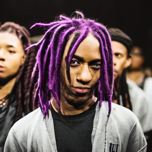 Prompt: a boy with purple dread hair, in trap show, close up