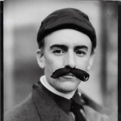 Prompt: photo of a dark haired man with long face, dark brown eyes and eyelashes, moustache, long nose, stubble wearing red newsboy cap