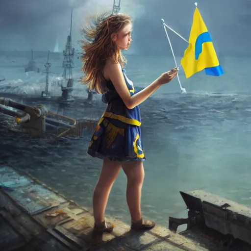 Image similar to ukrainian girl with ukrainian flag near big ruined warship, trying to survive, everywhere, concept art, trending on artstation, highly detailed, intricate, sharp focus, digital art, 8 k