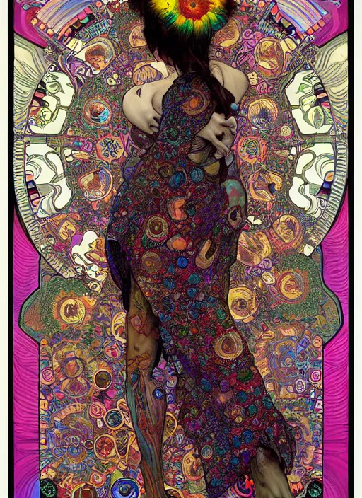 Prompt: psychedelic poster art of a cute punk goth fractal mandelbrot Día de los Muertos tattooed girl posing by Victor Moscoso Rick Griffin Alphonse Mucha Gustav Klimt Ayami Kojima Amano Charlie Bowater, masterpiece