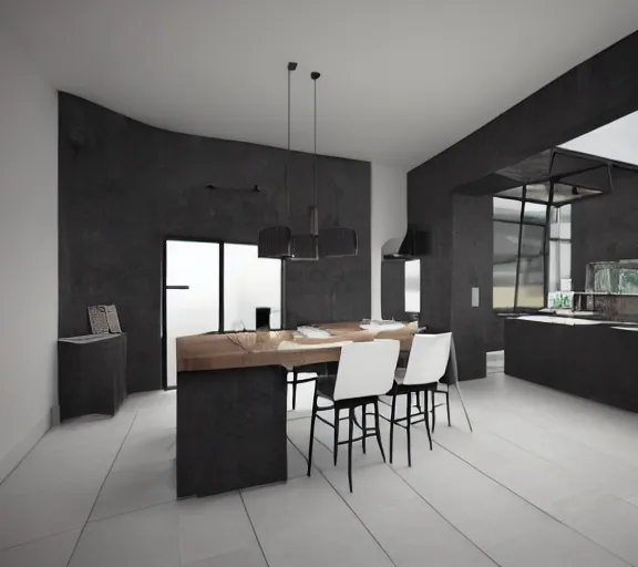 Image similar to brutalist black house kitchen with 2 islands interior design minimalist organic, organic architecture furniture open space high quality octane render blender 8 k