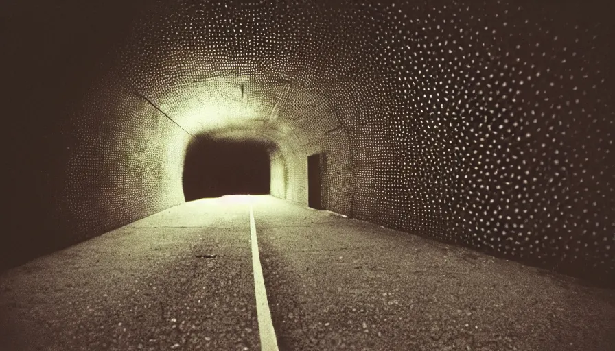 Image similar to 60s movie still of an empty tunnel with trypophobia, cinestill 800t 50mm eastmancolor, liminal Space style, heavy grain