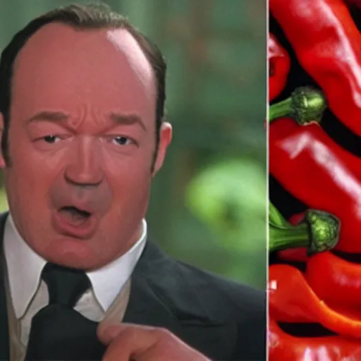 Image similar to screaming kevin spacy with red face as a pepper