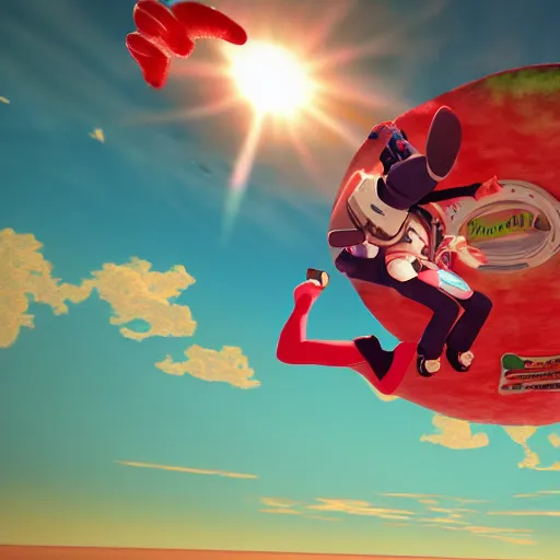 Image similar to A watermelon skydiving from a plane, dynamic lighting, cinematic, ultra detailed, trending on art station