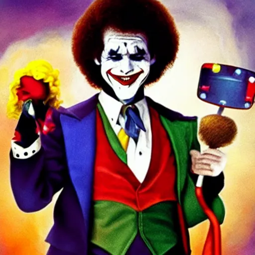 Image similar to bob Ross as the joker smiling while winking as he is getting done from Harley Quinn