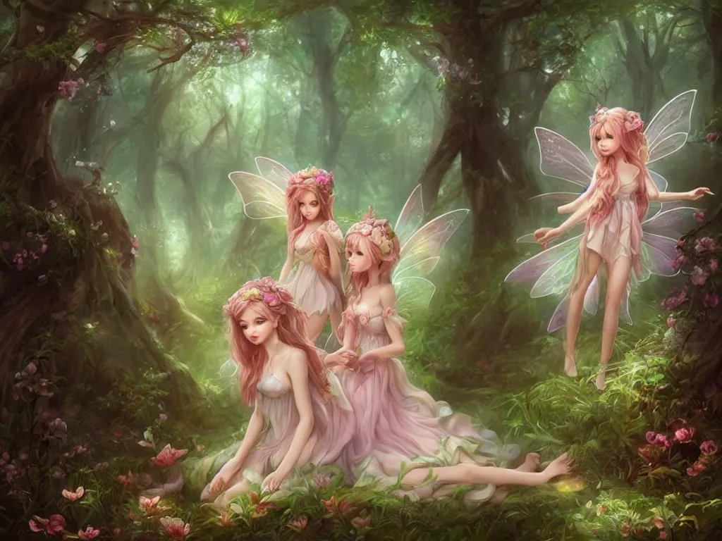 Image similar to two cute fairy in the dreamy forest, fantasy, dreamlike, 8 k resolution, hyper detailed, d & d, character design, digital painting, trending on artstation, sharp focus, illustration, art by artgerm, viktoria gavrilenko, hoang lap, fuji choko, steve zheng