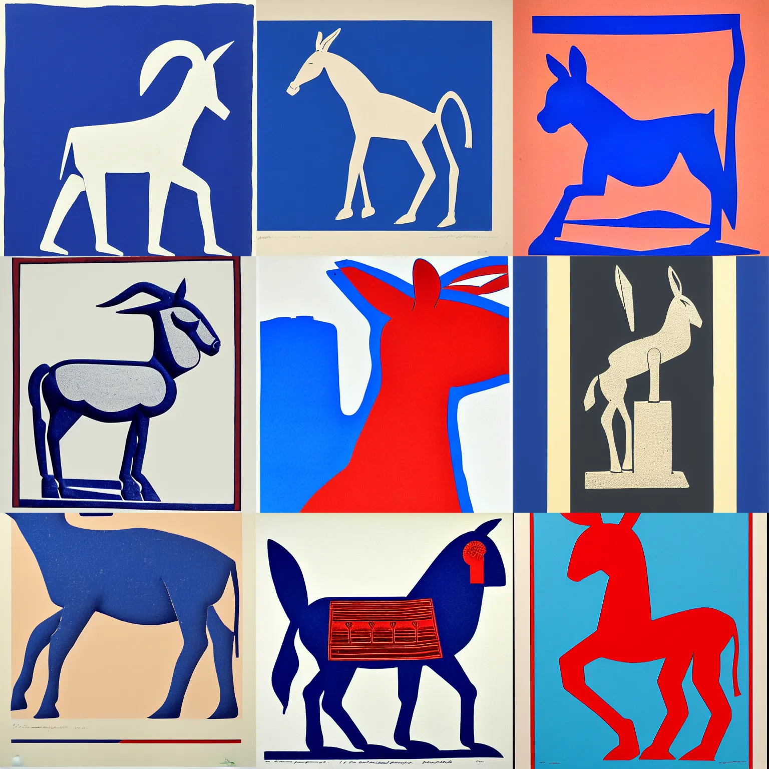 Prompt: lithograph of donkey!! cycladic sculpture, simplified, silhouette, full body, solid colors, block print, iconic, side view, centered, white background, ultramarine blue and red iron oxide