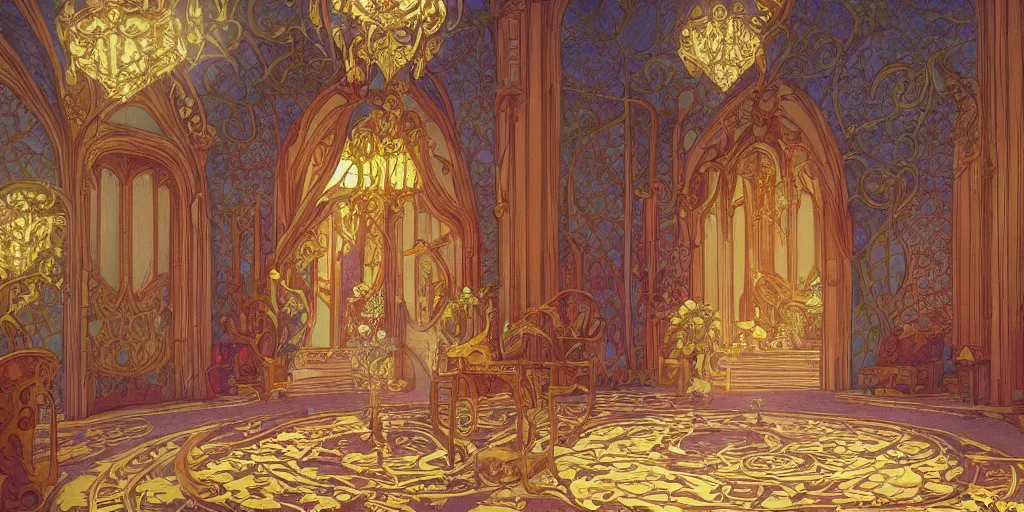 Image similar to an art nouveau decorated throne room in a palace, magical, bright, colorful, fantastic lighting, amazing details, 4 k uhd, illustration by hayao miyazaki and makoto shinkai and ilya kuvshinov, artstation, pixiv,