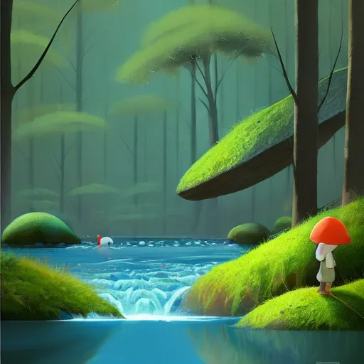 Prompt: goro fujita ilustration a river in the forest with clear water with moss on the edges, while watching a golden carp fish swimming, painting by goro fujita, sharp focus, highly detailed, artstation