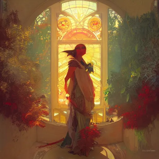 Image similar to the beautiful solarpunk phoenix, aesthetic red bird, volumetric light, bokeh, painting by greg rutkowski by alphonse mucha