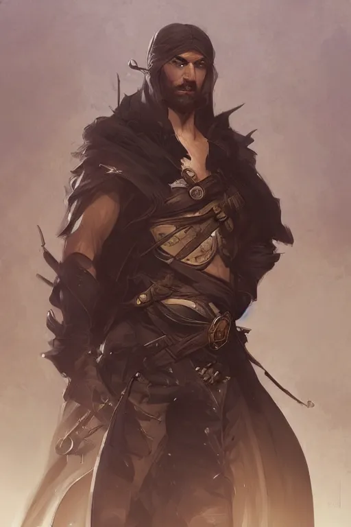 Prompt: male rogue character, deep focus, d & d, fantasy, intricate, elegant, highly detailed, digital painting, artstation, concept art, matte, sharp focus, illustration, art by artgerm and greg rutkowski and alphonse mucha