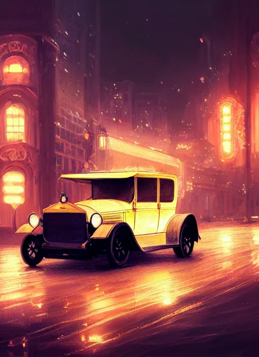 Prompt: ford model t, intricate, elegant, glowing lights, highly detailed, digital painting, artstation, sharp focus, illustration, art by wlop, mars ravelo and greg rutkowski