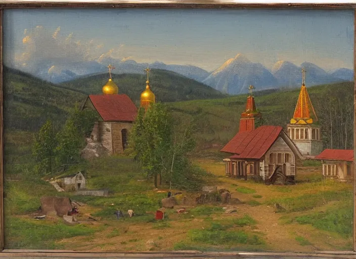 Image similar to the small wooden villages of siberia with an orthodox church, russia in the style of hudson river school of art, oil on canvas