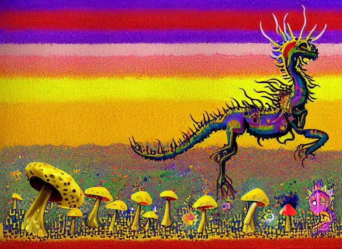 Image similar to pixel decollage painting golden armor alien zombie horseman riding on a crystal bone dragon broken rainbow diamond maggot horse in a blossoming meadow full of colorful mushrooms and golden foil toad blobs in a golden sunset, distant forest horizon, painted by Mark Rothko, Helen Frankenthaler, Danny Fox and Hilma af Klint, pixelated, neo expressionism, semi naive, rich deep colors, cinematic, color field painting, cave painting, voxel, pop art look, outsider art, minimalistic. Bill Traylor painting, part by Philip Guston and Francis Bacon. art by Adrian Ghenie, 8k, extreme detail, intricate detail, masterpiece