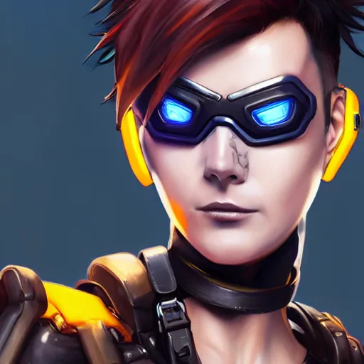 Image similar to oil painting of cyberpunk tracer overwatch in a field wearing very large black leather belt choker collar around neck, in style of mark arian, expressive face, very detailed face, very detailed eyes, full body, feminine face, detailed makeup on eyes, tracer overwatch,