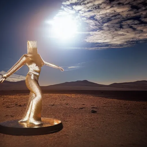 Image similar to 4 k hdr wide angle sony a 7 photo of a stainless steel shiny reflective woman female statue dancing on mars during a blue martian sunset