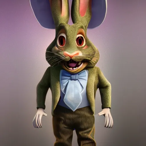 Image similar to A extremely highly detailed majestic hi-res beautiful, highly detailed portrait of a scary terrifying creepy cartoon rabbit evil smiling standing up wearing pants and a shirt in the style of Walt Disney animation