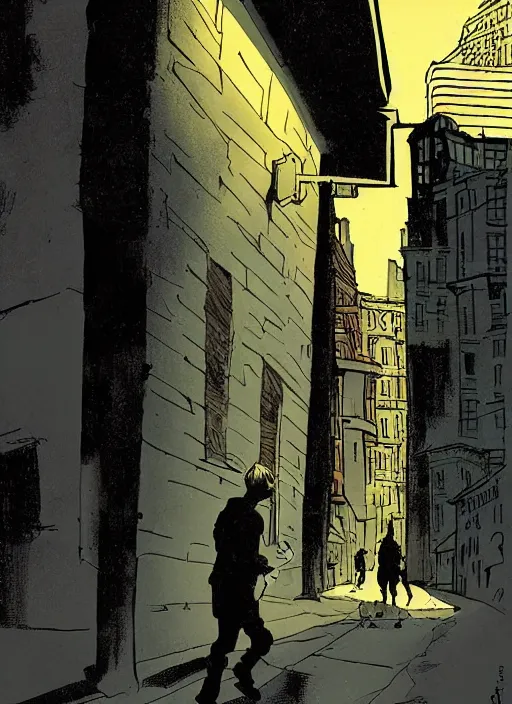 Image similar to young blonde beautiful male boy walking on a city street, mike mignola style, comics, beautiful composition, wide angle, cinematic, volumetric lighting, intricate details