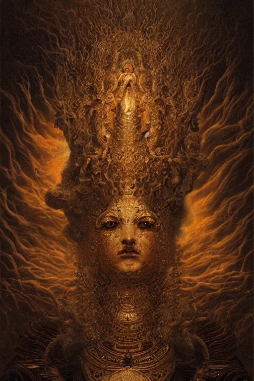 Prompt: Intricate stunning highly detailed deity by agostino arrivabene, Greg Rutkowski , surreal, digital painting, ultra realistic, Horror vacui, dramatic lighting, full moon, ravens, thick black swirling smoke tornado, burning fire embers, artstation