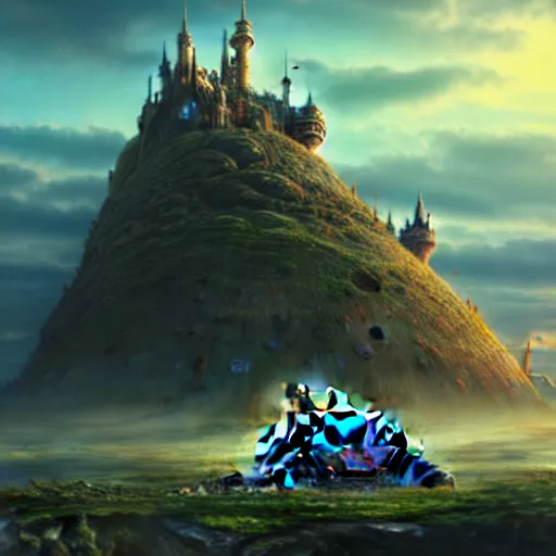 Image similar to large fantasy castle sitting on the top of a giant tortoise, towering over a harsh wasteland with sharp rays of sunlight, howls moving castle, mortal engines, kaiju, distant - mid - shot, fantasy, hyper detailed, 4 k