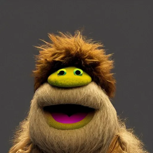 Image similar to a still of a forgotten muppet character looking very manly and modern, hilarious, laughing, hairy chest, huge chin, manly monster tough guy, roughled fur, photo real, photographic, photograph, artstation, trending, featured