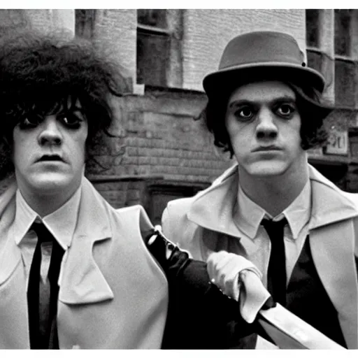 Image similar to A Clockwork Orange, women droogs, 1971 photography, female hooligans, shaggy haired punks, dystopian England